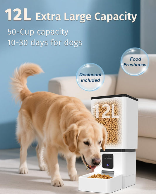 Automatic Dog Feeder Large Breed with Camera - 12L/50 Cups 5G Wifi App Control Dog Food Dispenser, Easy Setup, HD 1080P Video with Night Vision by