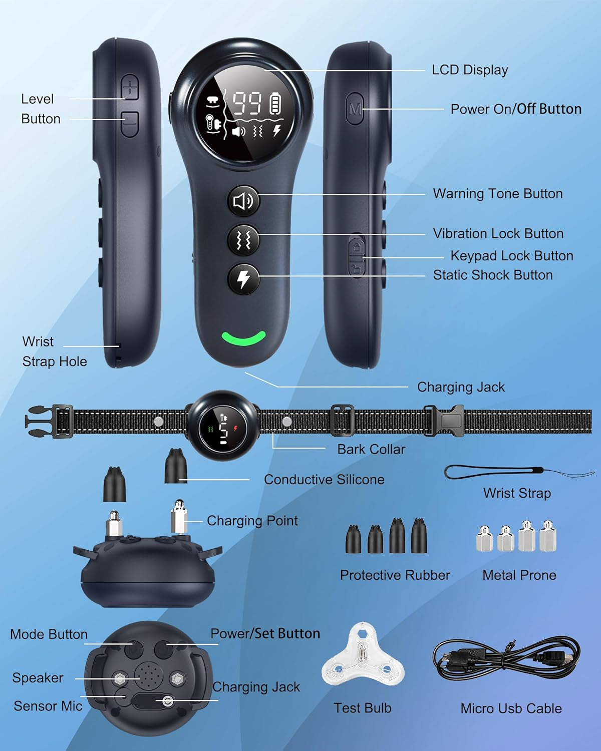 2-In-1 Dog Shock Collar & Dog Bark Collar - Rechargeable Dog Training Collar with Remote Control for 5-150 Lbs, Dog Collars 5 Sensitivity Levels, IP67 Waterproof for Large Medium Small Dogs